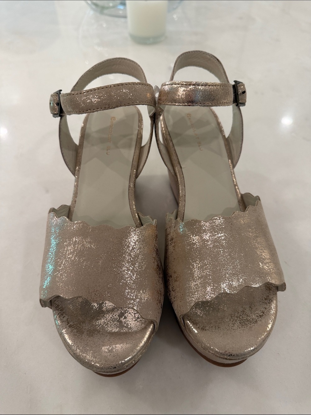 Chocolat Blu Women’s Metallic Champagne Colored Scallop Ankle-Strap Sandals